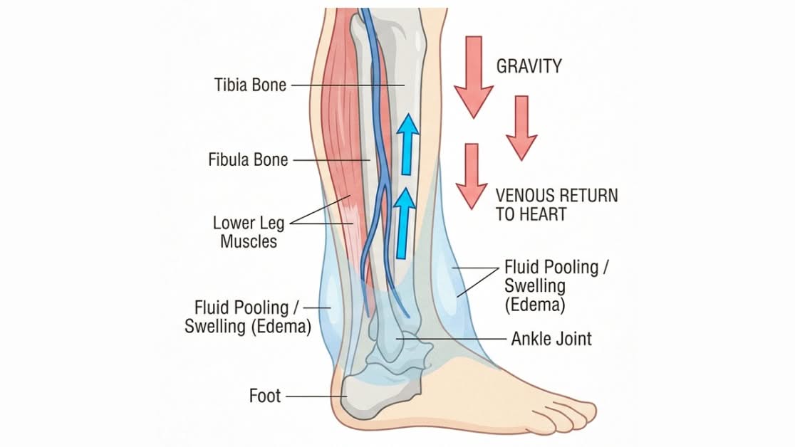 Educational diagram of lower-leg bones, muscle, gravity, and labeled fluid pooling.