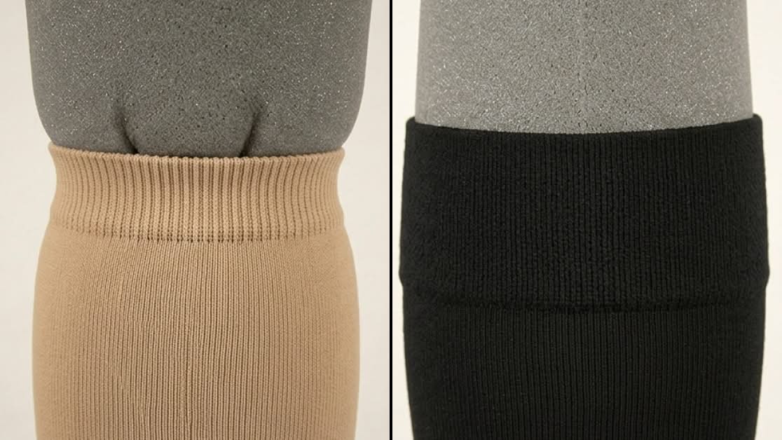 Close-up of a tan sock cuff and a black sock cuff on forms.