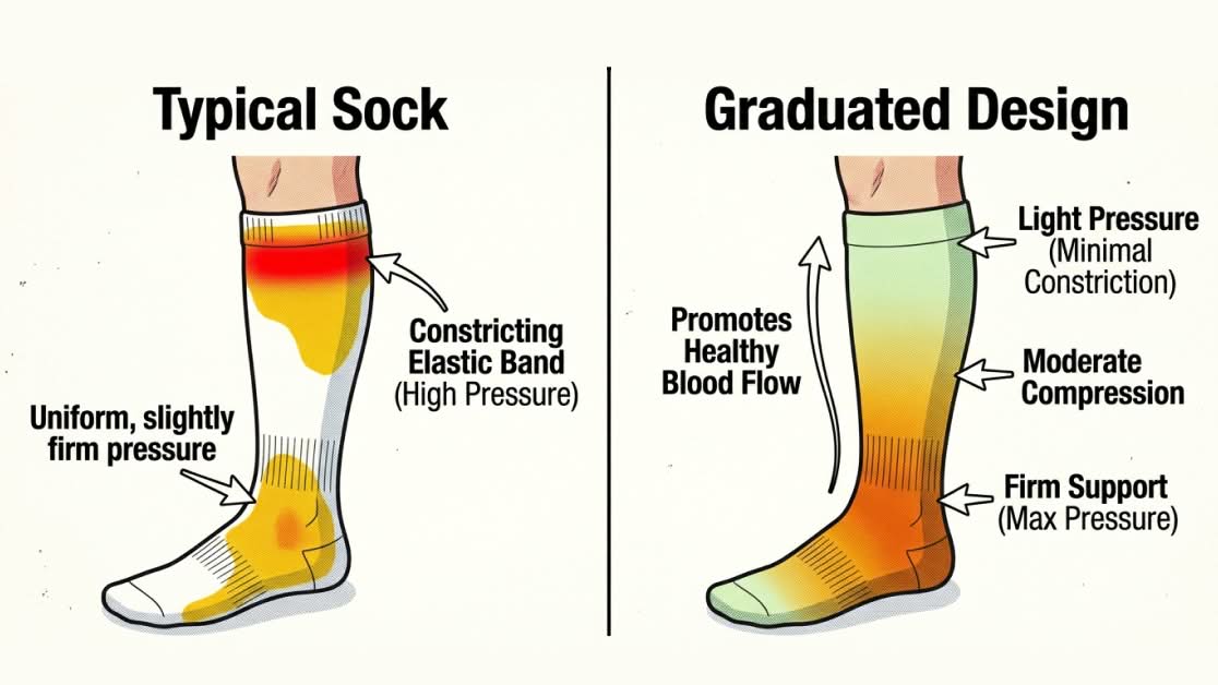 Illustration comparing a typical sock cuff with a graduated-pressure design.