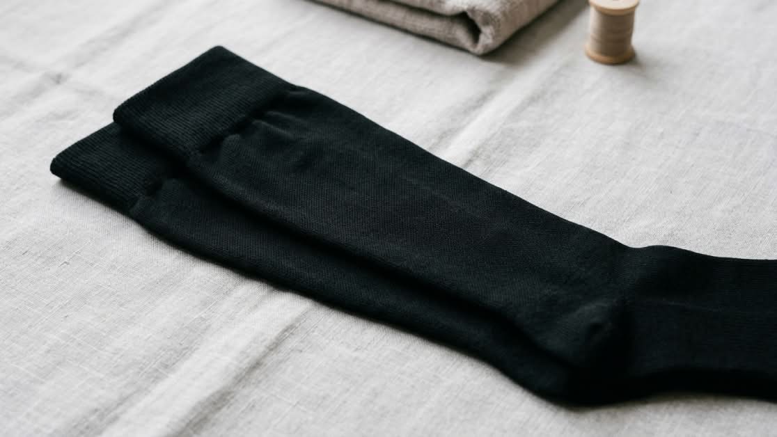 Folded black knee-high socks on linen.