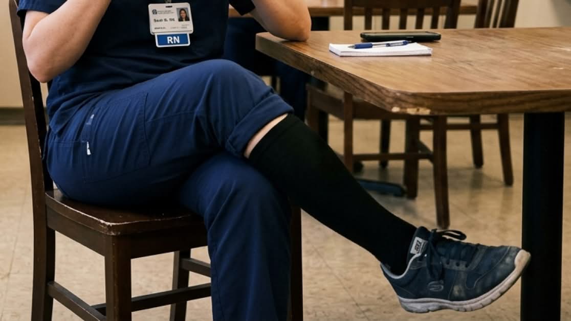 Nurse sitting with one leg crossed, wearing a dark knee-high sock.