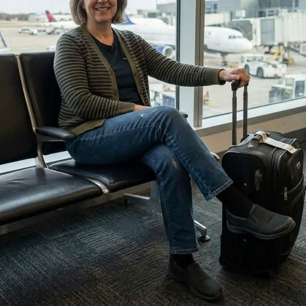 Traveler seated at an airport window wearing dark socks and slip-on shoes.