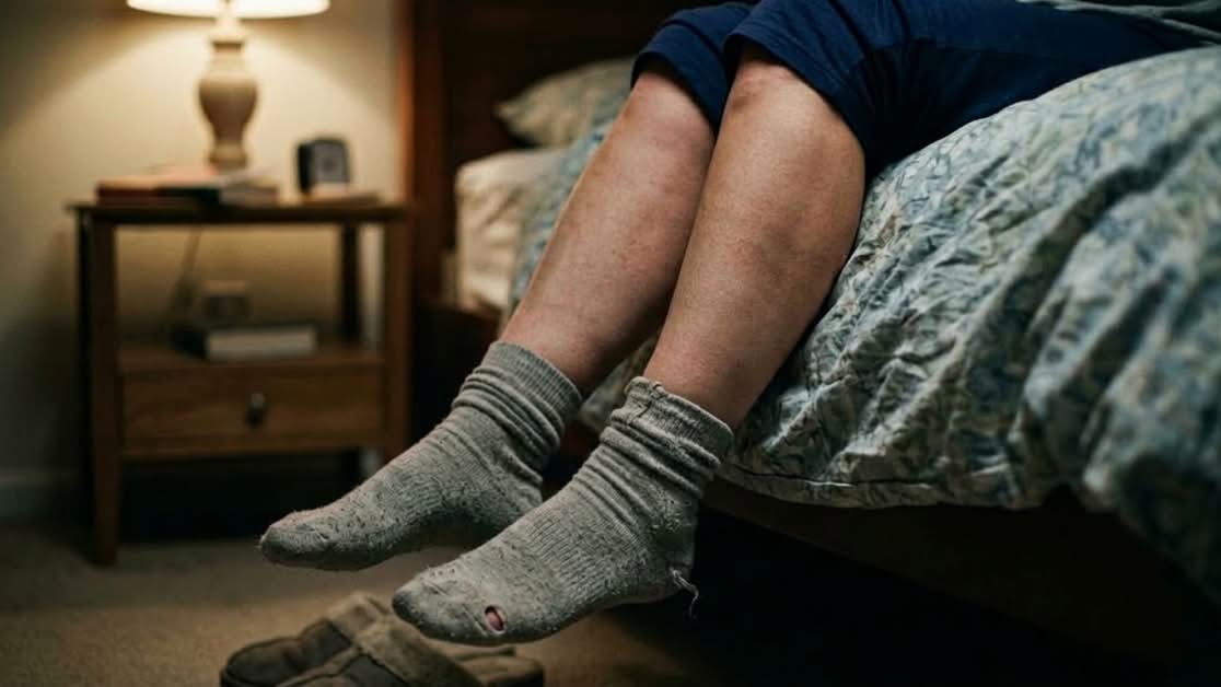 Worn everyday socks at the edge of a bed.